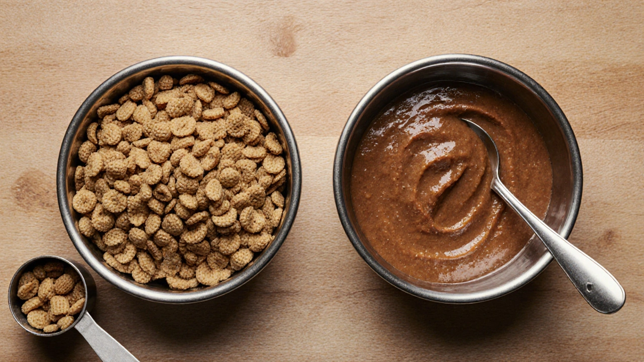 Два блюдца: сухой корм в одной миске, влажный в другой, на деревянном столе.