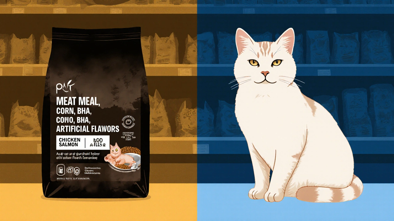 Два пакета корма: один с вредными ингредиентами и больной кошкой, другой — с натуральными и здоровой кошкой.