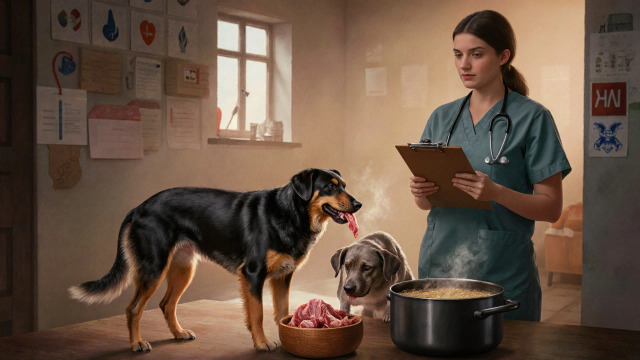 Две собаки: одна здоровая с блестящей шерстью, другая слабая — сравнение питания.