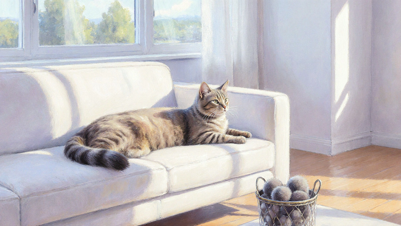 Гладко ухоженный кот, уютно отдыхает в чистой гостиной