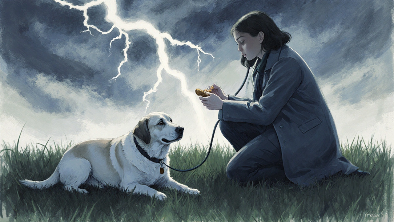 Испуганная собака лежит на траве под грозой, ветеринар подходит с лакомством.