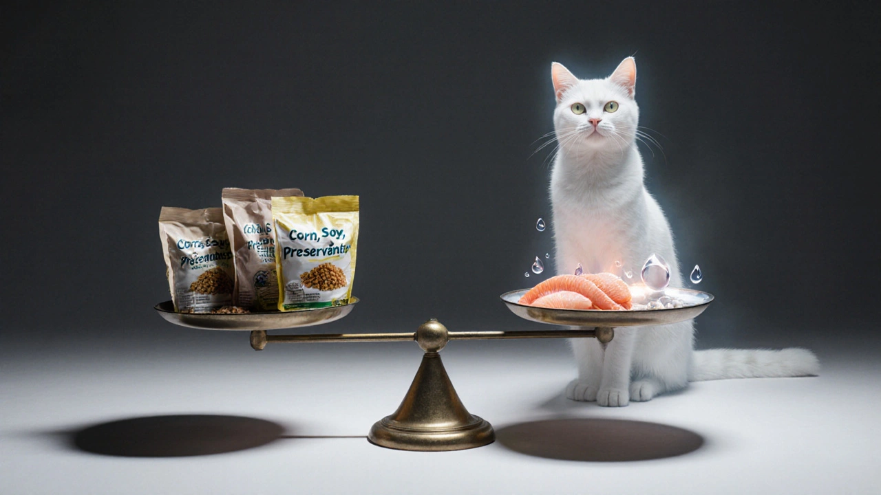 Кошка на весах: одна чаша с вредным кормом, другая — с курицей и водой, символизируя выбор между болезнью и здоровьем.