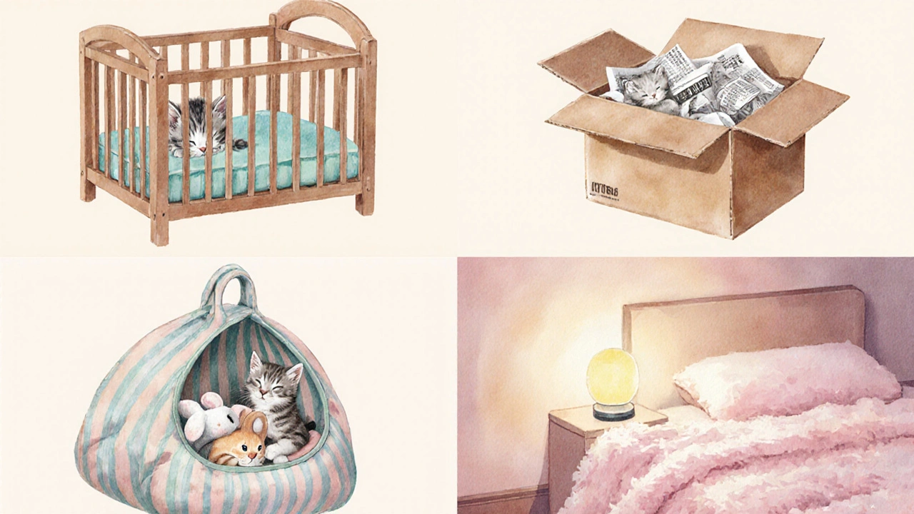 Котёнок исследует кроватку, коробку, переноску и плед, расположенные в уютном уголке.