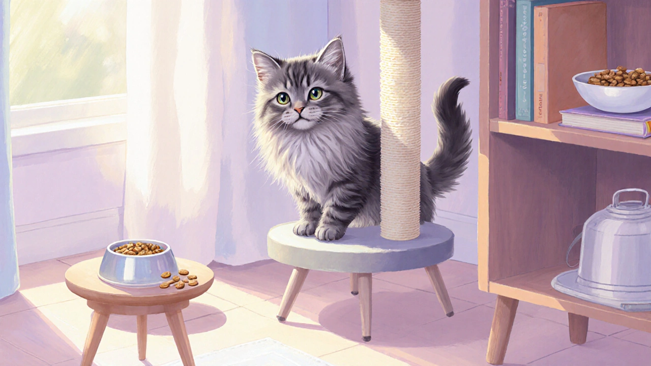 Котёнок исследует новую комнату, играя рядом с когтеточкой и мисками.