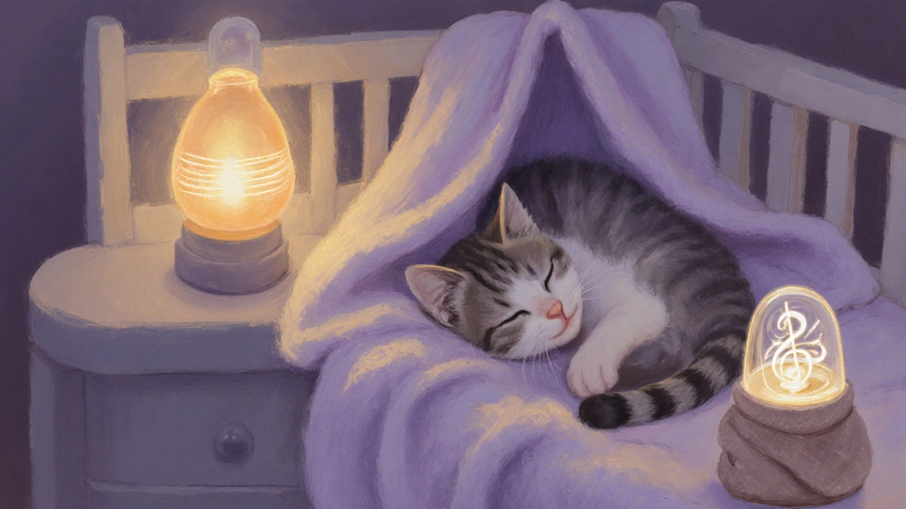 Котёнок спит в закрытой кроватке, рядом ночник, тёплая бутылка в полотенце и мягкая игрушка.