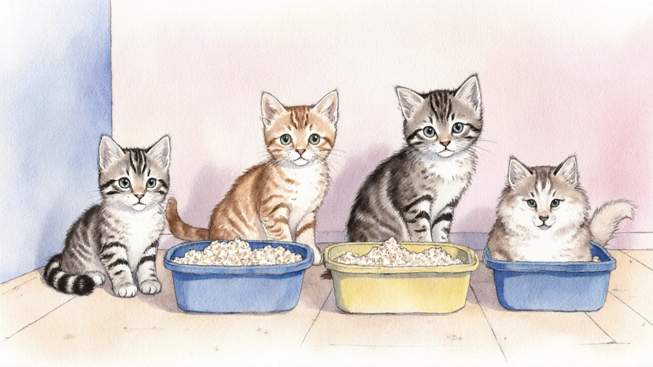 Несколько котят разных пород рядом с подходящими по размеру лотками в светлой комнате.