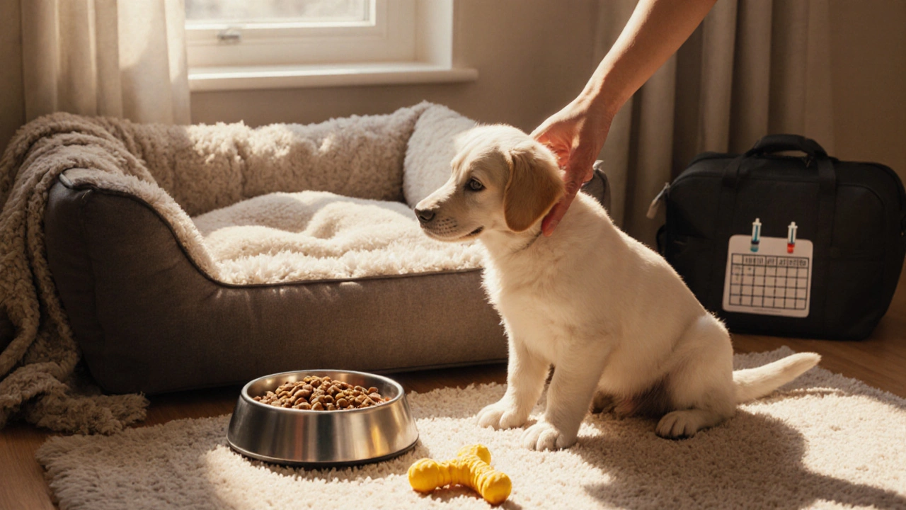 Подготовленный уголок для щенка: кроватка, миска, игрушки, взрослый держит щенка.