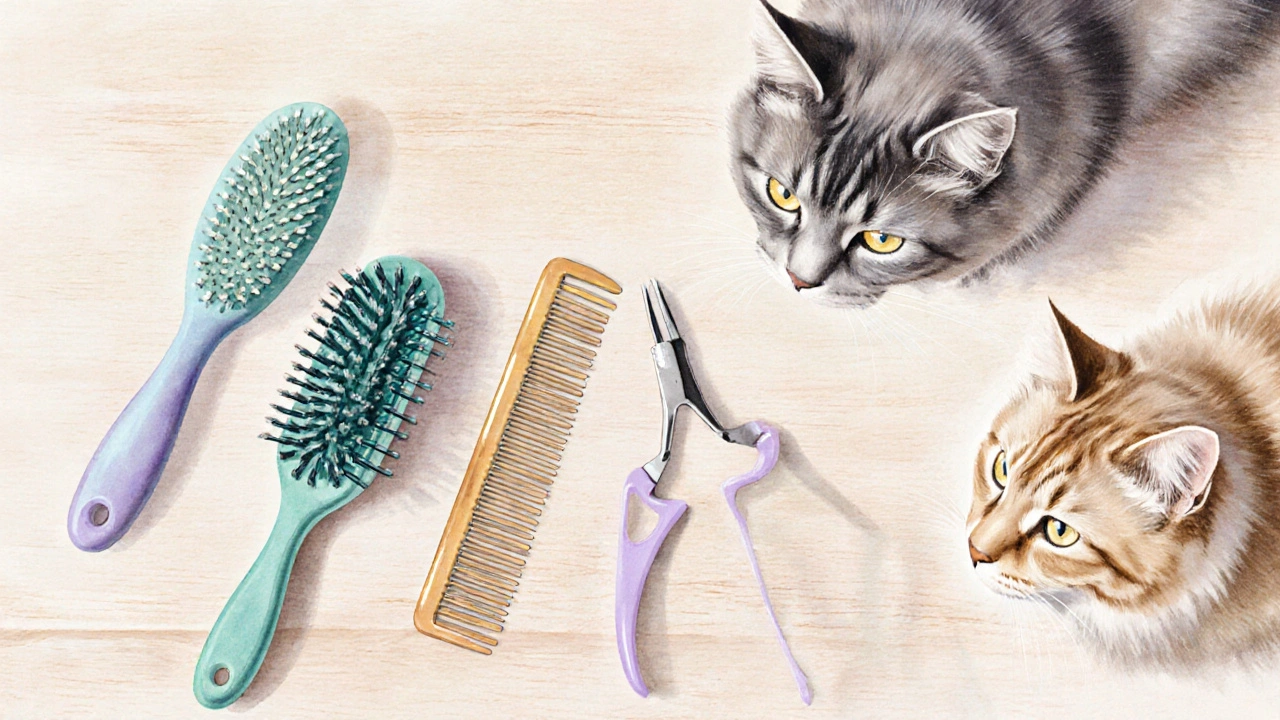 Различные инструменты для ухода за котами: щётка, гребень и пинцет‑дезингер