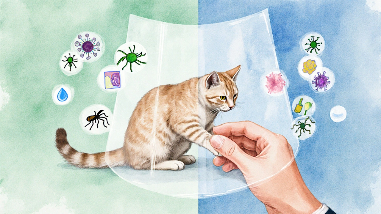 Рука прикасается к кошке, вокруг неё — защитная зона от загрязнений.