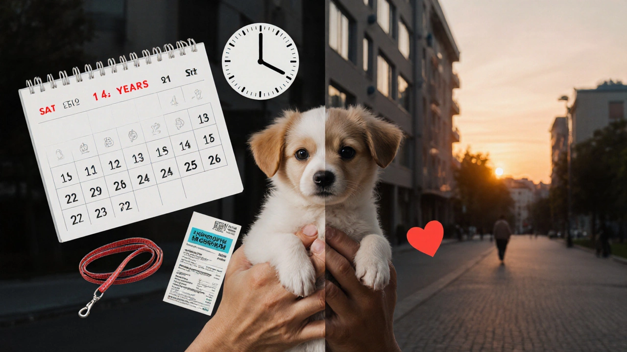 Руки держат щенка, а рядом — символы ответственности на 15 лет.