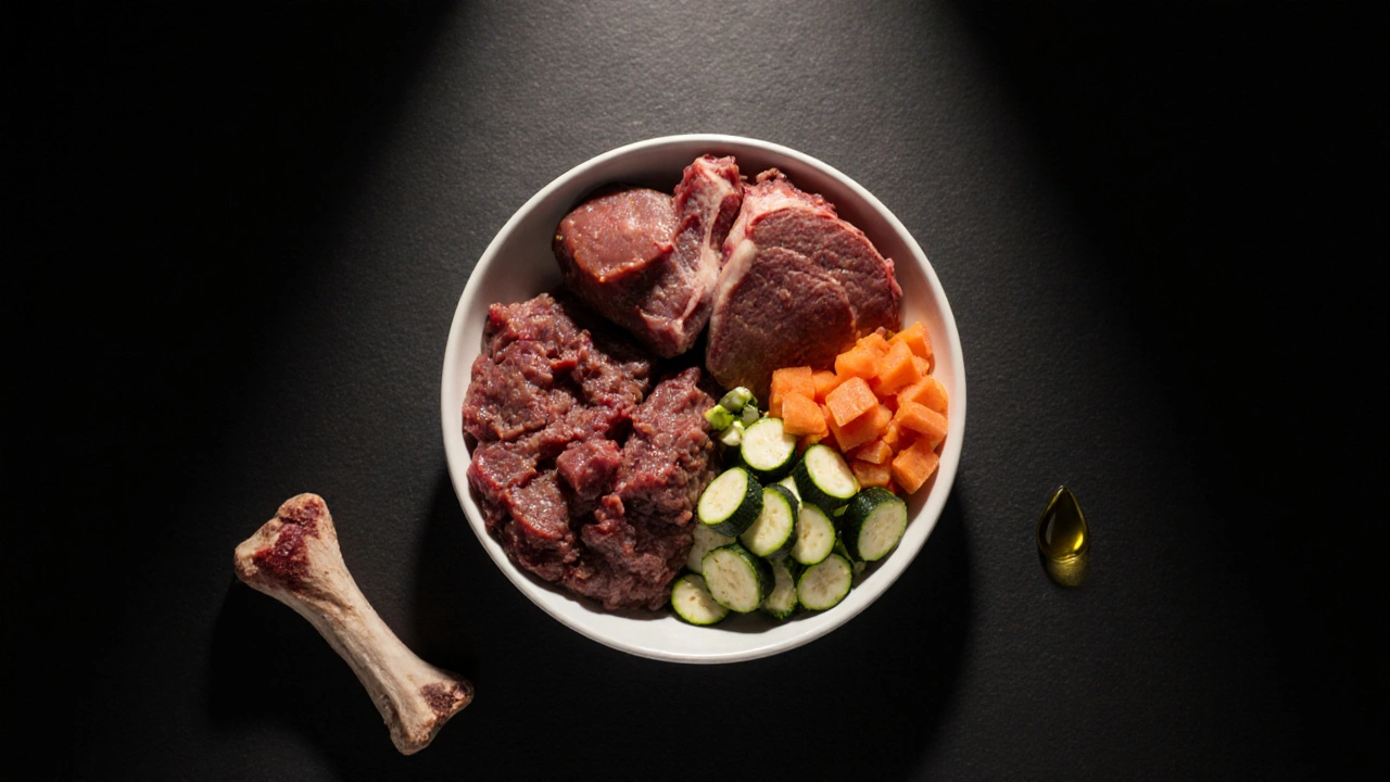 Сбалансированный рацион охотничьей собаки: сырое мясо, субпродукты и овощи.