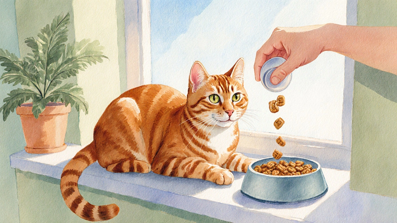 Счастливая кошка с блестящей шерстью ест смешанный новый корм