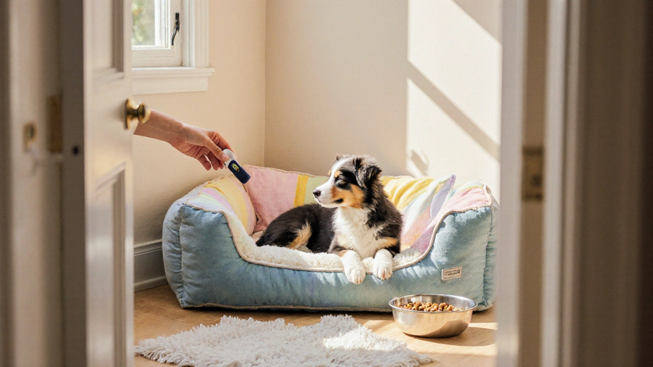 Щенок отдыхает в уютном уголке нового дома, рядом миска, кроватка и игрушки.