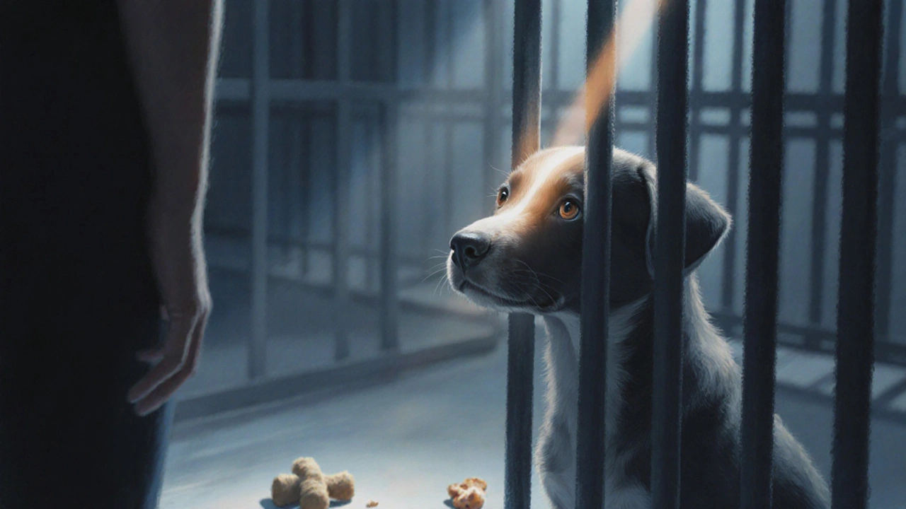 Щенок смотрит из приюта, глаза полны надежды, за ним — пустые клетки.