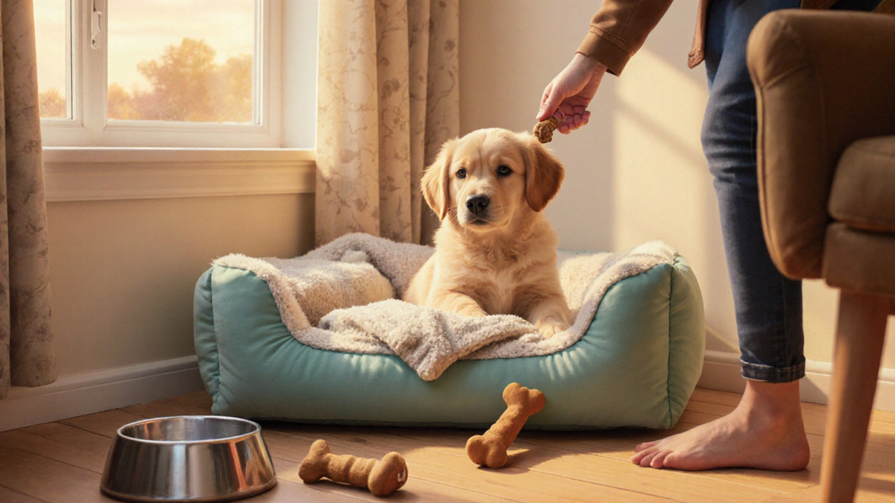 Щенок в уютном уголке дома у кроватки, миски и игрушки.