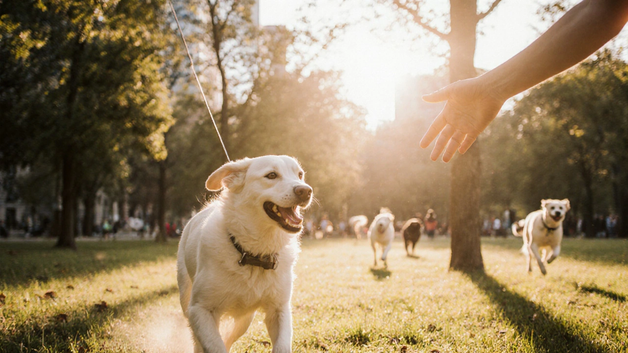Собака бежит к хозяину в парке, другие собаки убегают в сторону.