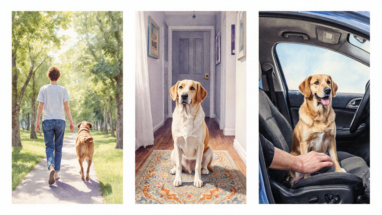 Собака спокойно идёт рядом с хозяином в парке, в доме и в машине, показывая команду «тихо».