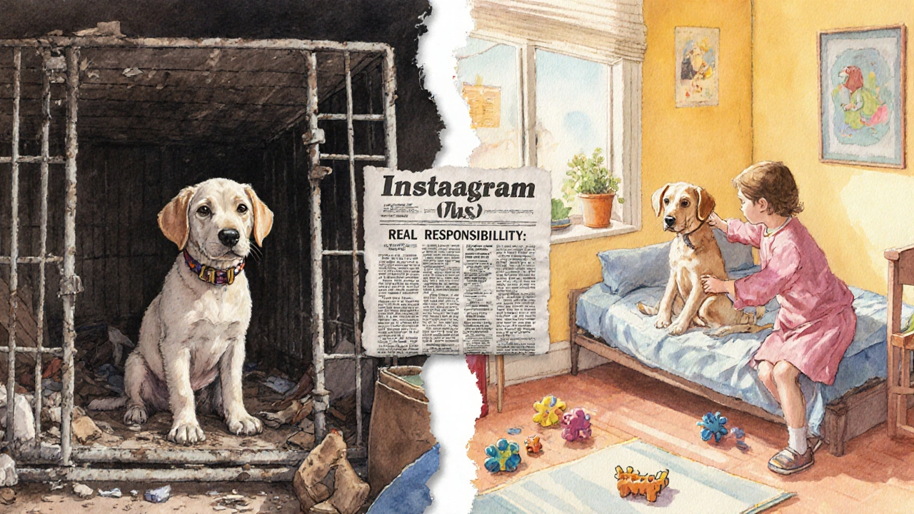 Сравнение: запущенный щенок в клетке и счастливый щенок в доме.