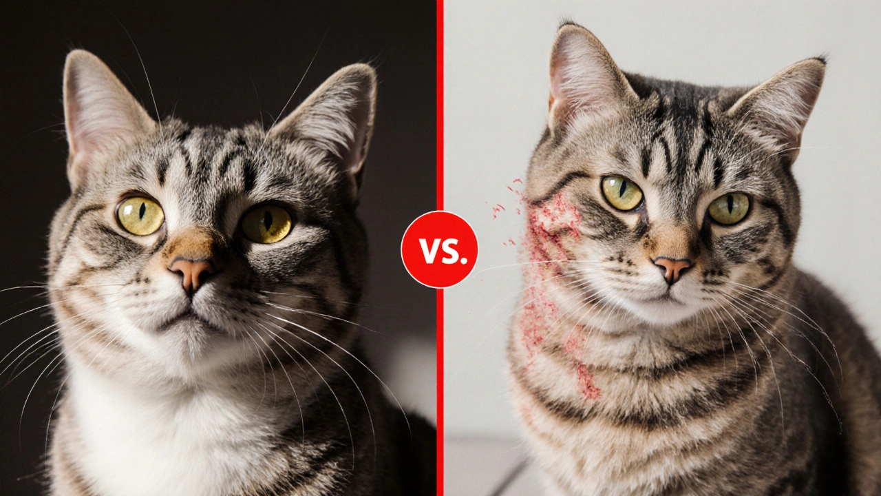 Сравнение здоровой и нездоровой кошки: блестящая шерсть против перхоти и зуда.