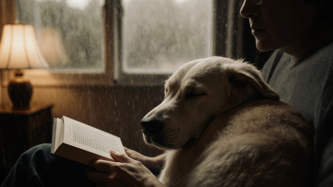 Старая собака отдыхает с головой на коленях хозяина при свете лампы.