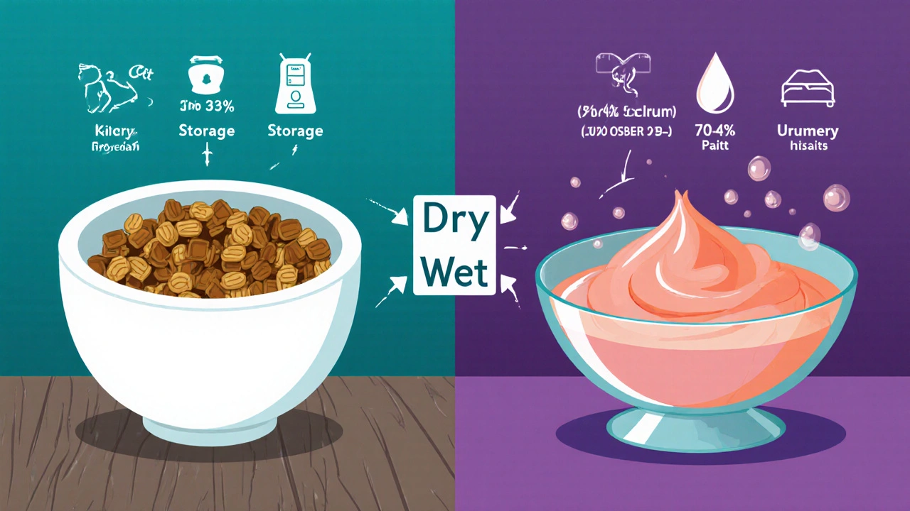 Сухой корм в миске рядом с консервами, сравнение питательных свойств