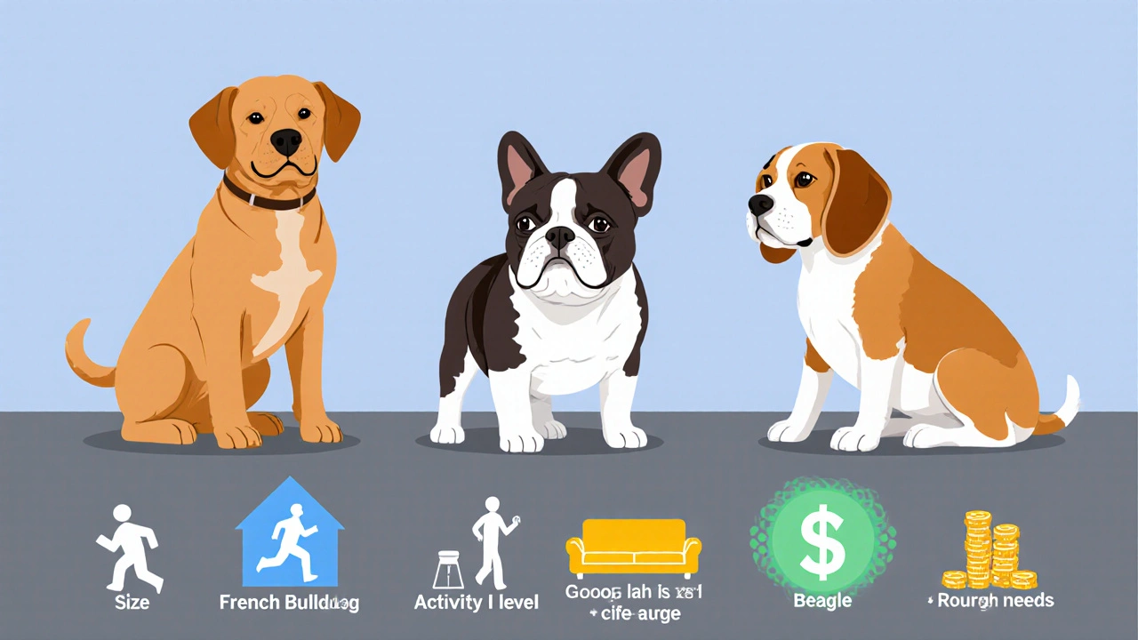Три породы собак (лабрадор, французский бульдог, бигль) с иконками характеристик.