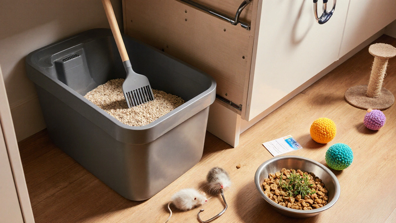 Уголок с лотком, мисками с едой и игрушками, показывающий уход за кошкой.