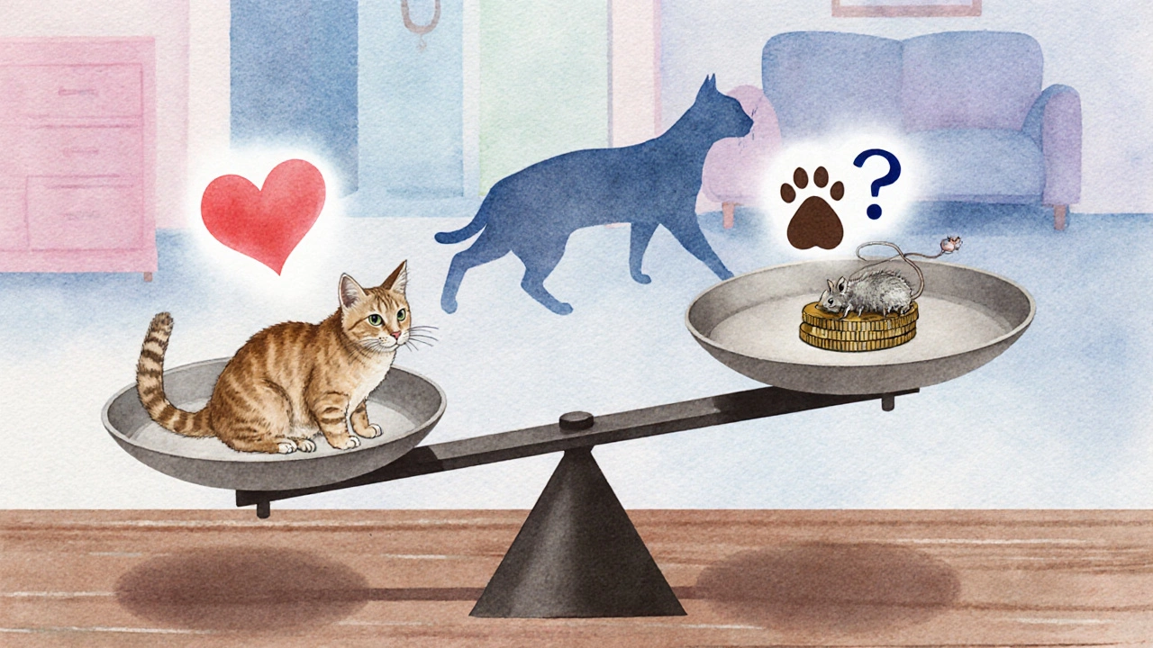 Весы с иконками плюсов и минусов содержания кошки на фоне её силуэта.