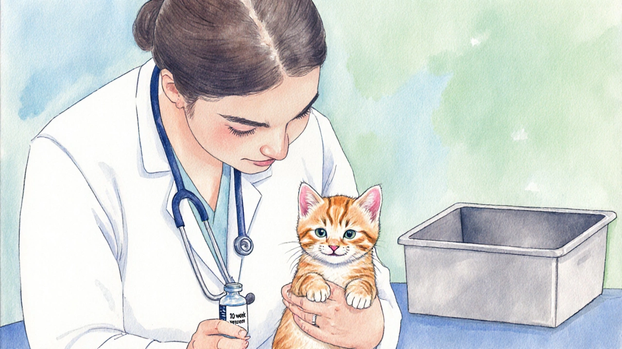 Ветеринар держит 10‑недельного котёнка, рядом шприц вакцины и лоток, показывая оптимальный возраст и уход.