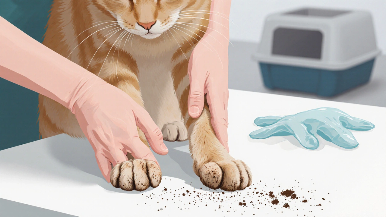 Ветеринар очищает лапы кошки после улицы.