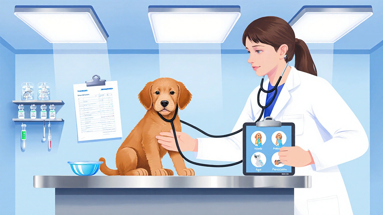 Ветеринар осматривает щенка, рядом лежат прививочные карточки и медицинские инструменты.