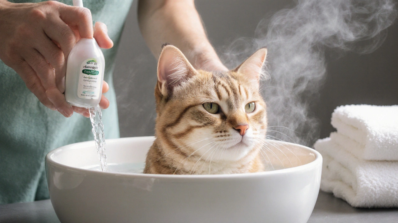 Владелец аккуратно моет кошку в тазу с теплой водой и специальным шампунем.