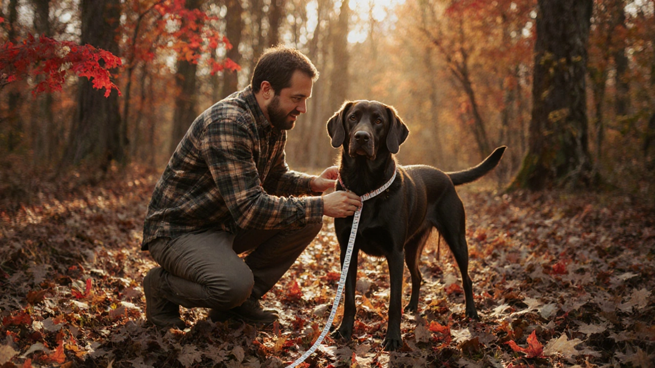 Владелец измеряет обхват груди охотничьей собаки на природе.