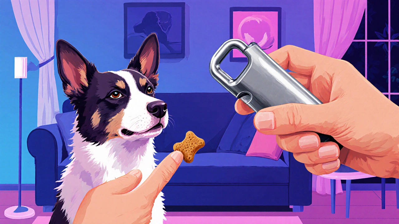 Владелец нажимает кликер, собака замолкает, получая лакомство.