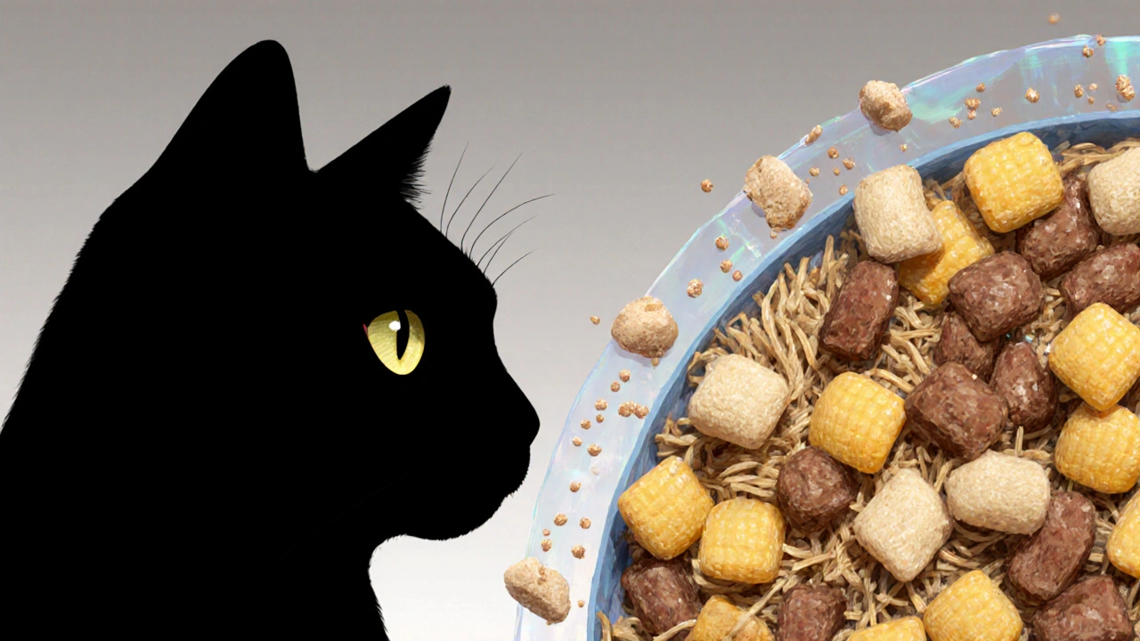 Внутри сухого корма видны зерновые, мясные побочные продукты и консерванты.