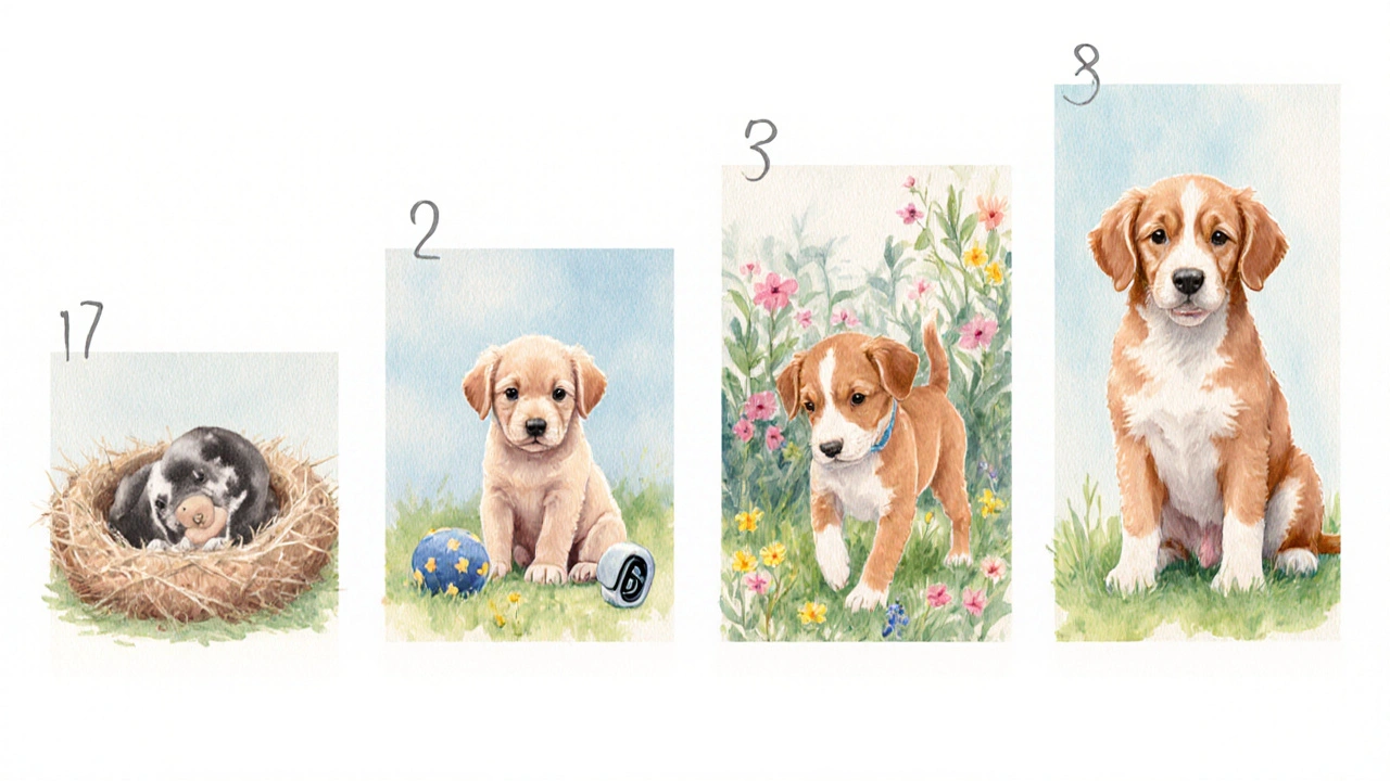 Водяные акварели показывают пять этапов роста щенка от новорождённого до 16 недель.