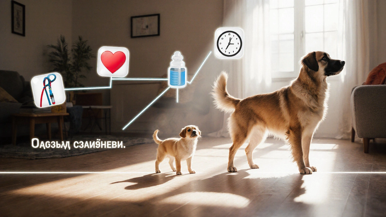 Временная линия: щенок превращается в взрослую собаку, символы выбора и готовности.