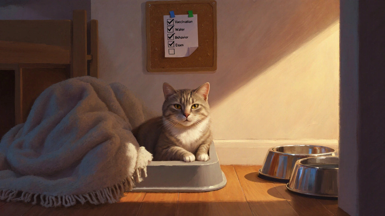 Взрослая кошка в уютном уголке дома, рядом лоток, миски и список подготовки к её принятию.