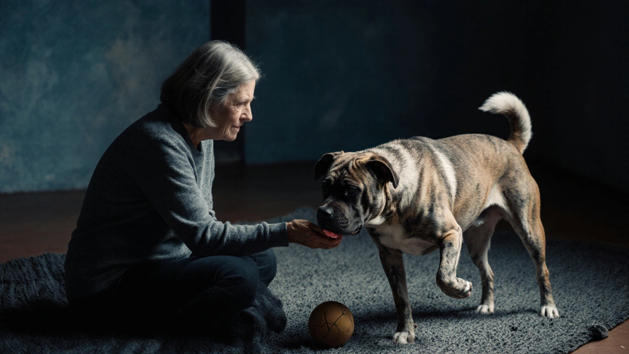 Взрослая собака из приюта колеблется, подходя к женщине с мячом.