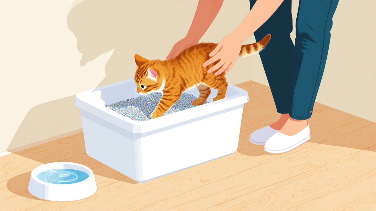 Взрослый человек аккуратно ставит котёнка в лоток после еды, демонстрируя процесс обучения.