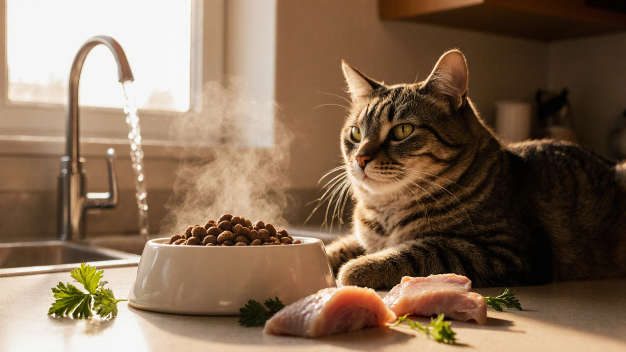 Здоровый кот ест влажный корм из миски, рядом лежат свежие куски мяса.