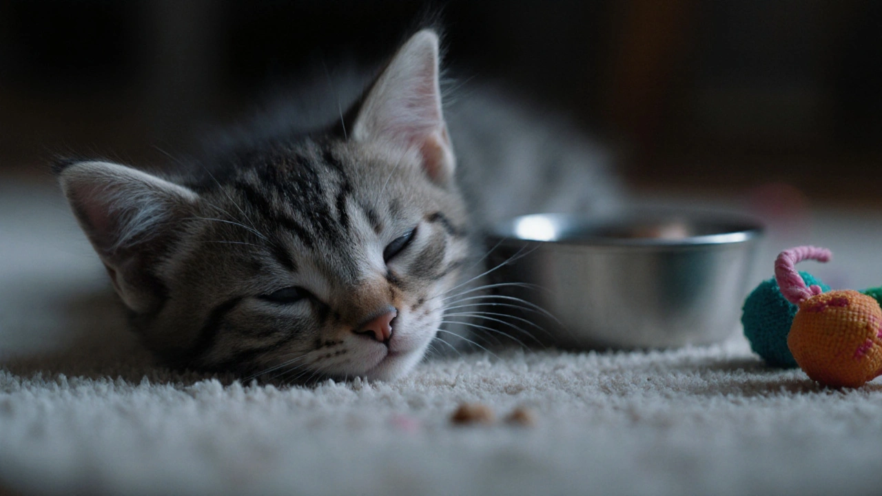 Беспомощный котёнок лежит без сил рядом с миской.