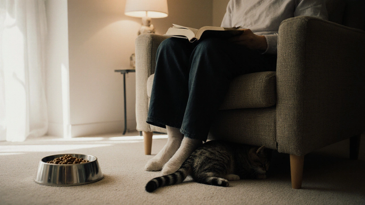 Человек сидит спокойно в комнате, а кошка прячется под диваном, рядом — миска с едой.