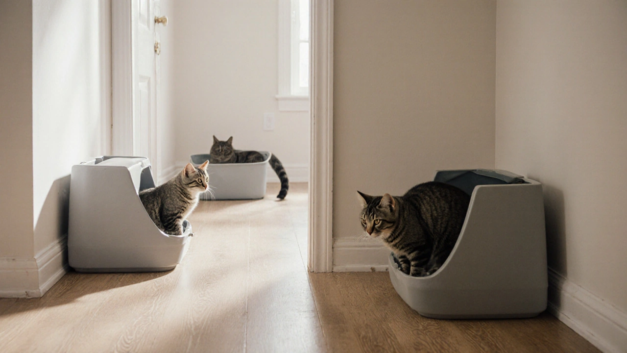 Два чистых лотка для кошек в тихих углах дома, одна кошка использует лоток.
