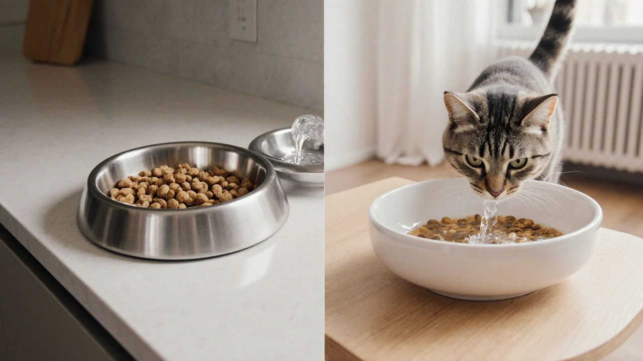 Две миски с едой и фонтанчик с водой расположены в разных комнатах, кошка пьёт.