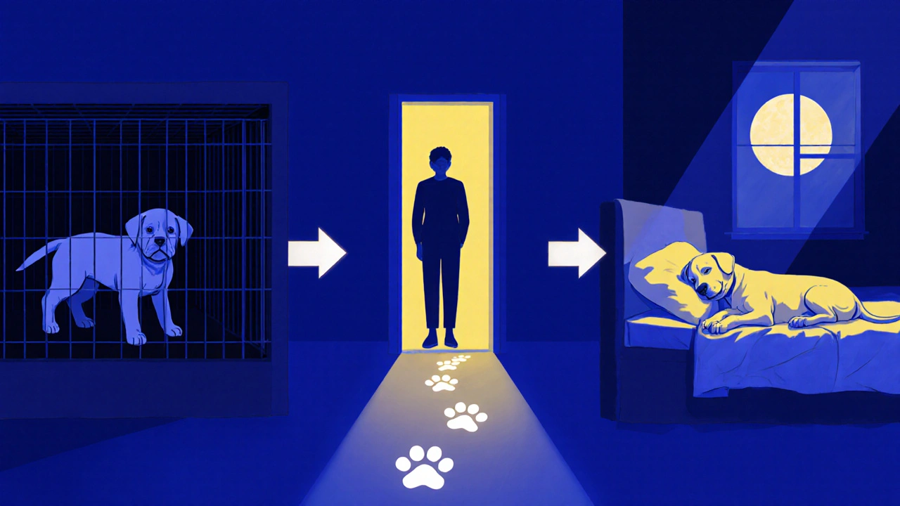 Хронология усыновления: от клетки к спокойному сну рядом с человеком, путь от страха к доверию.