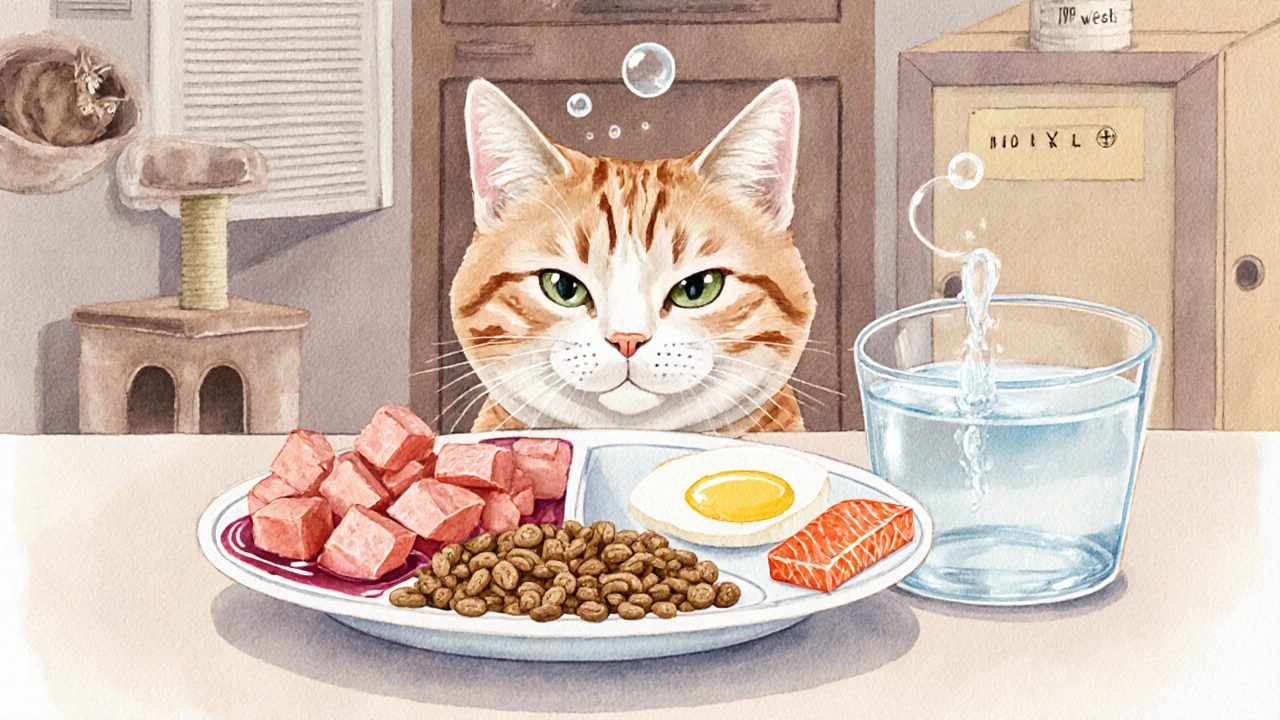 Идеальный ежедневный рацион кота: влажный корм, сухой корм, яйцо, творог и рыба на тарелке, рядом — фонтанчик с водой.