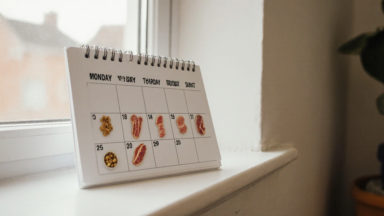 Календарь с пометками дней для сухого корма и натуральной еды.
