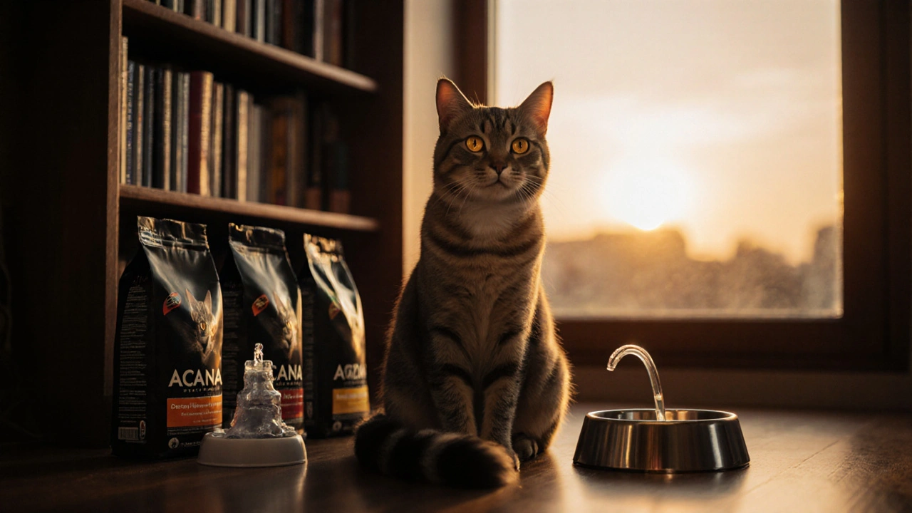 Кошка сидит у полки с премиальными кормами — Acana, Orijen, Farmina — символизируя выбор, ведущий к долгой и здоровой жизни.