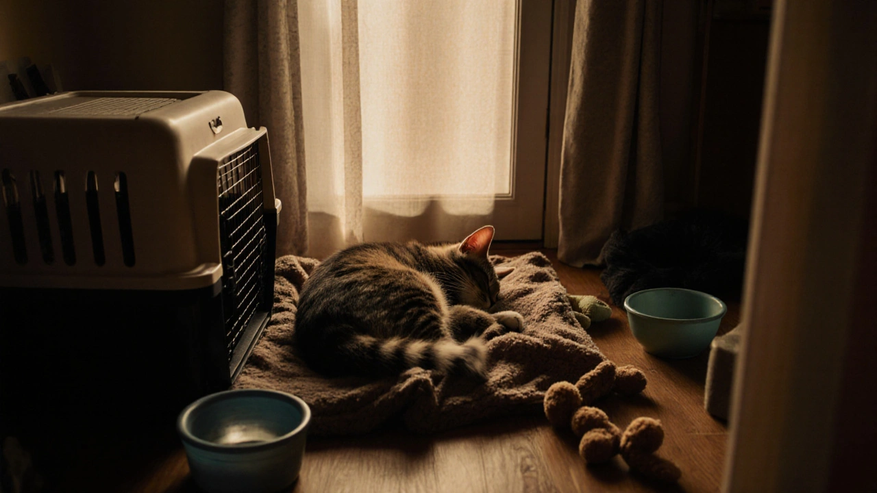 Кошка спит на знакомом одеяле утром, солнечный свет ложится на миски и игрушку.